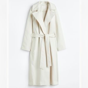 New H&M Tie Waist Belt Long Trench Coat SIZE XS Twill White Oversized